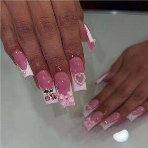 24 PCS Cherry Bow Nail Art, Long Length Long Water Pipe Fake Nails,Square Head Nail Tips False Nail