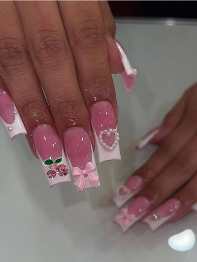 24 PCS Cherry Bow Nail Art, Long Length Long Water Pipe Fake Nails,Square Head Nail Tips False Nail