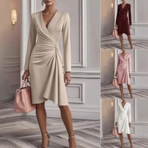 V Neck Folds  Solid Color Slim-fit Long Sleeve V-pleated Design Dress  Women's Office Commuter A-line Midi Party Dresses Female Clothing