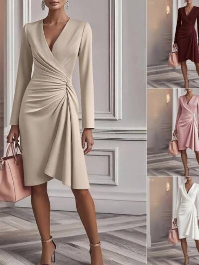 V Neck Folds  Solid Color Slim-fit Long Sleeve V-pleated Design Dress  Women's Office Commuter A-line Midi Party Dresses Female Clothing