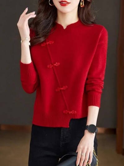 Red Thickened Knit Sweater New Irregular Temperament
