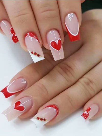 24 PCS Red And White Heart Nail Art, Long Length Long Water Pipe Fake Nails,Square Head Nail Tips False Nail