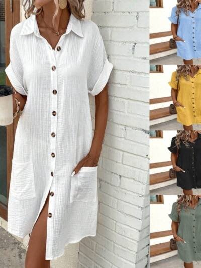 Summer Short Sleeve Shirt Dress Fashion Solid Color Single-breasted Mid-length Loose Dress