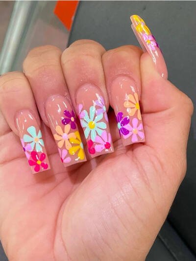 24 PCS Long Flat Flowers Nail Art, Long Length Long Water Pipe Fake Nails,Square Head Nail Tips False Nail
