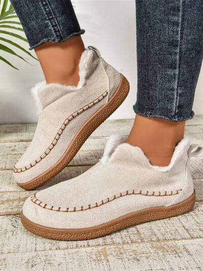 Fashion V-cut Plush Ankle Boots Winter Plus Velvet Flat Snow Boot Casual Warm Solid Suede Cotton Shoes For Women