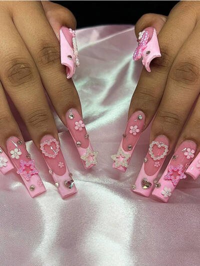 24 PCS Pearl Love Star Nail Art, Long Length Long Water Pipe Fake Nails,Square Head Nail Tips False Nail