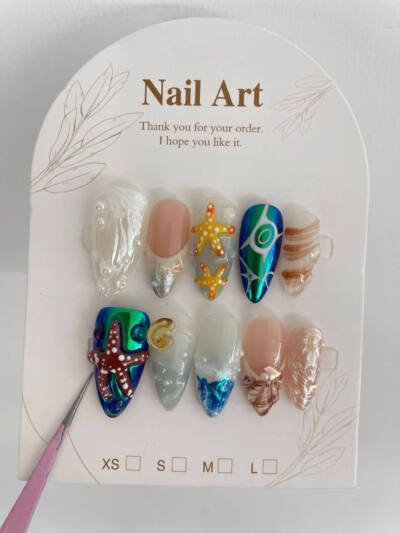 Hand-painted Happy Underwater World White Advanced Long Manicure