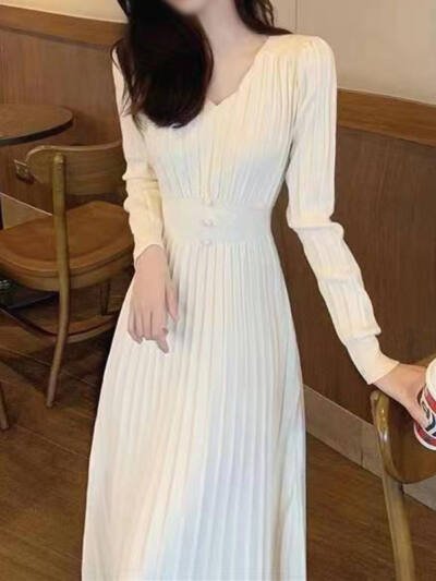 High-waisted Dress With V-neck Long Sleeve For Women
