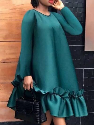 Loose Women's Wear New Round Neck Pleated A- Line Skirt Solid Color Temperament Commute Dress