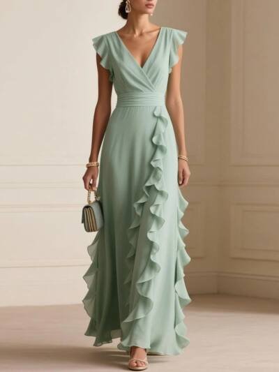 Solid Color Pleated Short Sleeves V-neck Dress