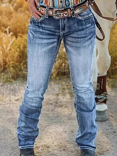 Hatchet Man Embroidery Women's High Waist Stretch Heavy Industry Washed Denim Straight-leg Trousers