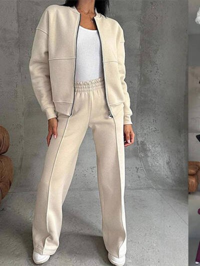 Women's Sports Suits Zipper Jacket And Wide Leg Pants Two-piece Set