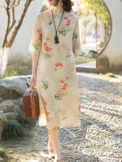 Women's Cotton And Linen Improved Qipao Dress With Stand Collar