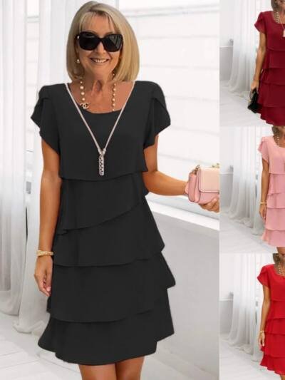 Short Sleeve Cake Dress Solid Color Round Neck Dress