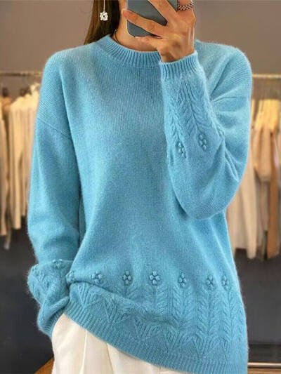 Women's Round Neck Solid Color Sweater Top Vintage Crocheted Pullover