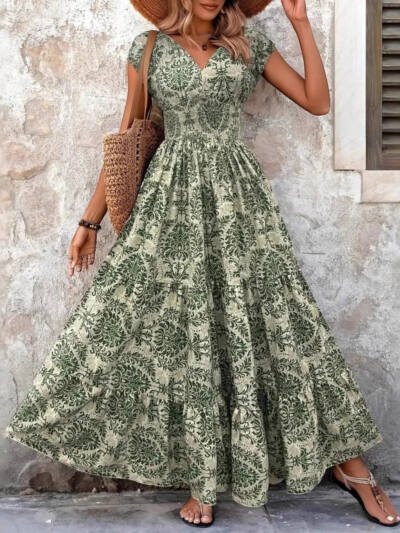 V-neck Long Sleeve Big Hem Dress