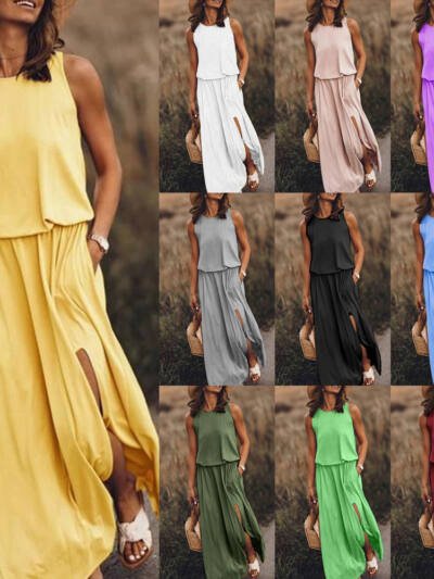 Round Neck Sleeveless Split Solid Color Dress