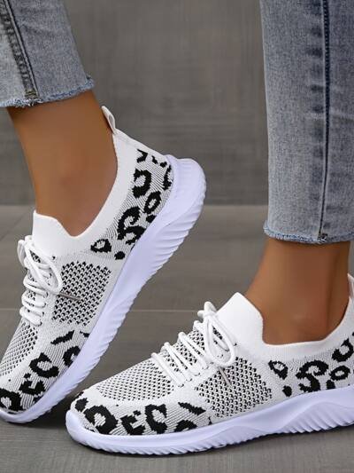 White Shoes Women Leopard Print Lace-up Sneakers Sports