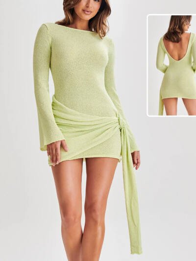 Fashion Slim Long-sleeved Dress Y2K Sexy Hip-hugging V-shaped Backless Short Dresses Womens Clothing