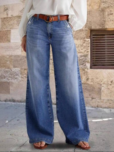 Embroidered Elastic Straight Pants Casual