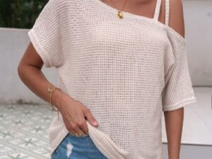 Women's Short-sleeved Solid Color Top Fashionable All-match Off-shoulder Knitted T-shirt