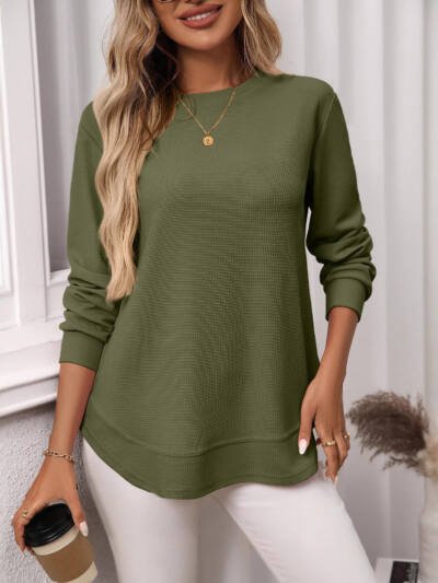 European And American Loose Waffle Casual All-match T-shirt Knitted Long Sleeve