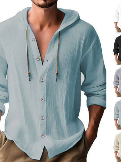 Cotton And Linen Shirt Hooded Sweater Button Long Sleeve