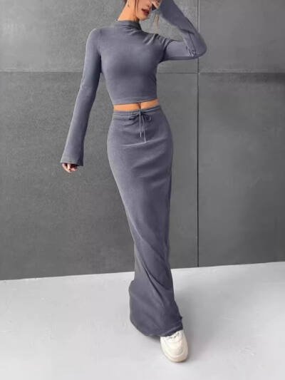 Loose Casual Solid Color Long Sleeve Dress Two-piece Set