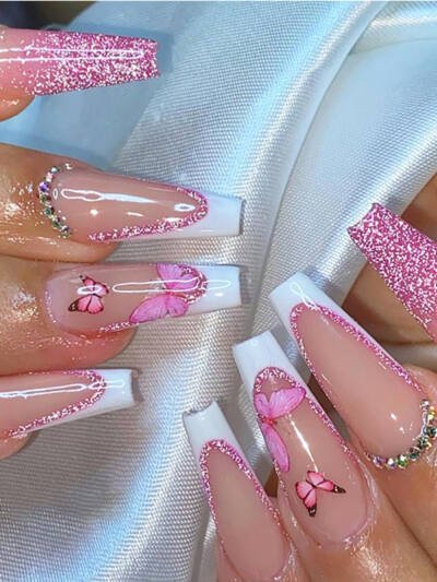 24 PCS Glitter Powder Butterfly Nail Art, Long Length Long Water Pipe Fake Nails,Square Head Nail Tips False Nail