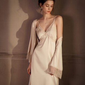 Womens Long Above-the-knee Ice-silk Slip Nightgown With Built-in Bra Pads