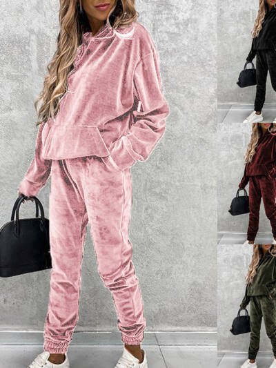 Solid Color Hooded Sports Casual Silver Fox Velvet Suit For Women