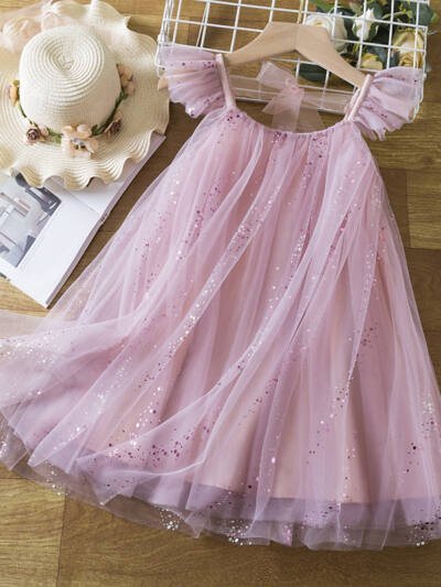 Girls' Flounced Sleeve Dress Cute Star Mesh