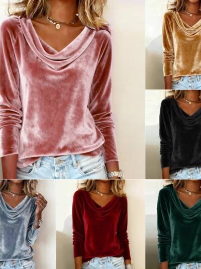 Elegant Velvet Long Sleeve Shirts For Women Fall Spring Solid Color Loose Women Blouses Fashion Pullover Tops Party Clothes
