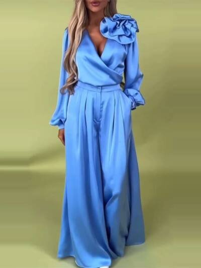 Women's Luxury Elegant V-neck Satin Long Sleeve Top Wide Leg Pants Suit