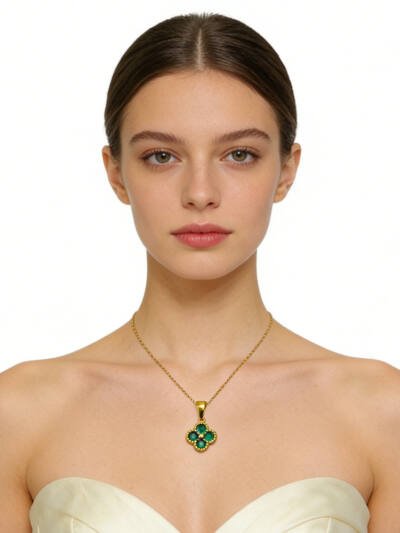 Green 4 Leaf Clover 24K Gold Necklace For Women, Lucky Pendant Chain Necklace Jewelry