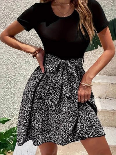 Short Sleeve Dress Round Neck Plant Printed Belt
