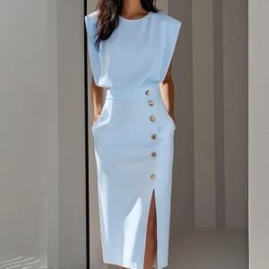 Split Metal Button Summer Dress Women