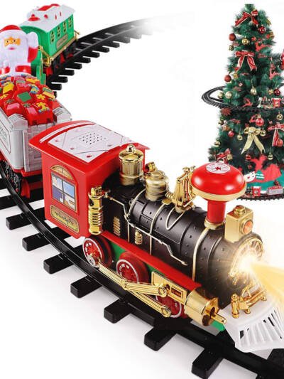 Electric Train Set Kid Toy Xmas Steam Train Kit Tree Surround Track Battery Operated With Sound Light Santa Claus Christmas Gift