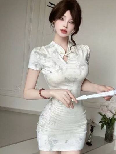 New Chinese Style Printing Cheongsam Short Skinny Sheath Dress