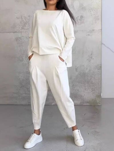 Women's Irregular Suit Long-sleeved Round Neck Top And Loose Harem Pants With Pockets Ins Fashion Trousers Set Women's Clothing