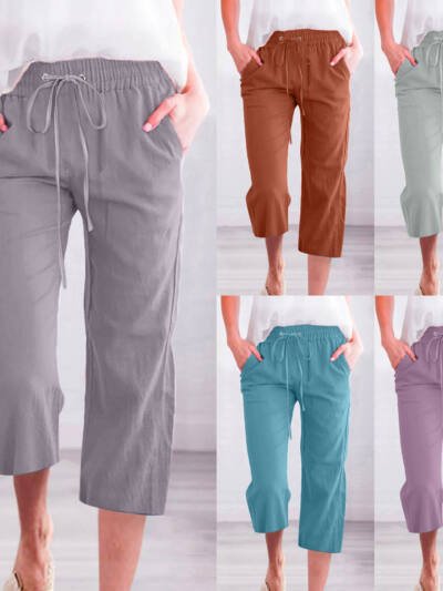 Women's Solid Color Drawstring Cotton And Linen Casual Loose Straight Pocket Home Cropped Pants