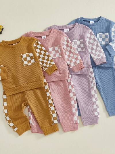 Waffle-check Patchwork Two-piece Set