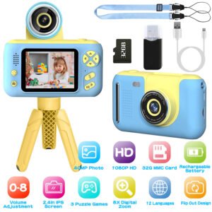 1Pc Kids Digital Camera With Flip Lens Children Video Camcorder Christmas Toy Birthday Gifts With Tripod 2.4in Screen 32G MMC Card For 3-10 Year Old Boys Girls