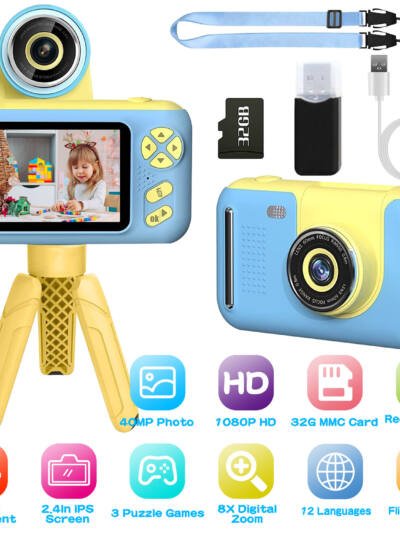 1Pc Kids Digital Camera With Flip Lens Children Video Camcorder Christmas Toy Birthday Gifts With Tripod 2.4in Screen 32G MMC Card For 3-10 Year Old Boys Girls