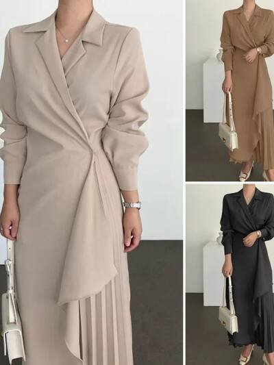 Women's Formal Elegant Shirt Retro Long Solid Color Suspender Skirt Long Waist Dress