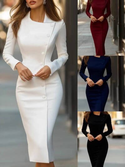 Professional Commuting OL Style Asymmetric Single-Breasted Slim Dress