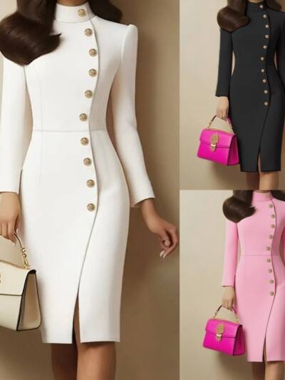 Fall Fashion Long Sleeve Stand-up Collar Slim Fit Metal Button Split Dress