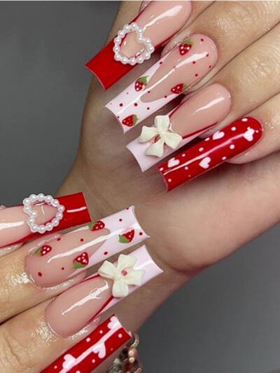 24 PCS Strawberry Bow Nail Art, Long Length Long Water Pipe Fake Nails,Square Head Nail Tips False Nail