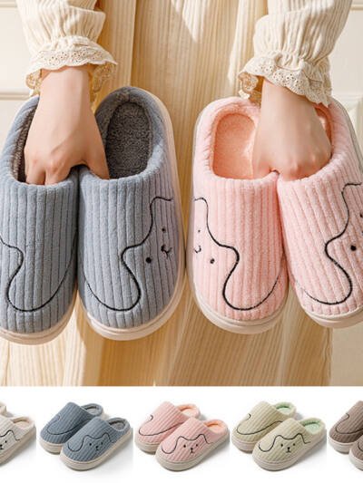 Striped Cat Slippers Indoor Couple Non-slip Floor Bedroom Slipper Winter Warm Plush House Shoes Women Men