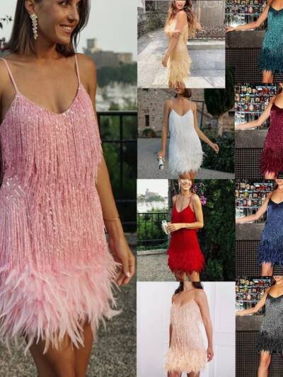 Sexy Tassel Sequins Feather Summer Mini Dress Women V Neck Spaghetti Strap Stitching Dresses Female Elegant Evening Party Club Dress